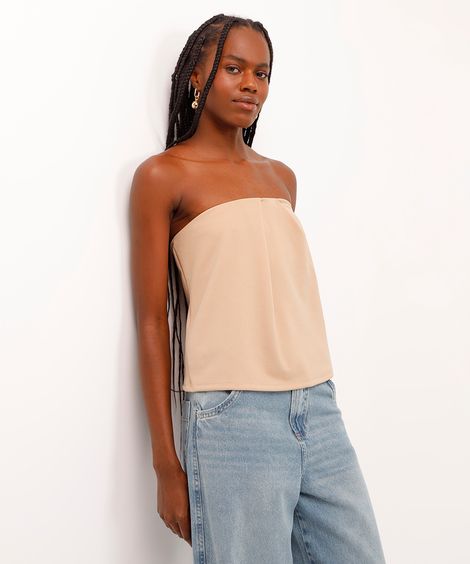 blusa sem alça com pregas bege