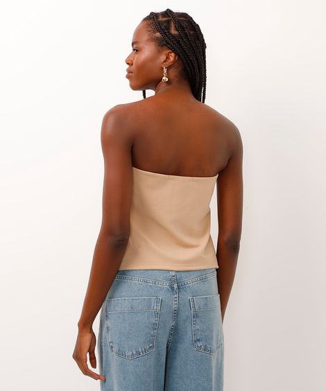 blusa sem alça com pregas bege