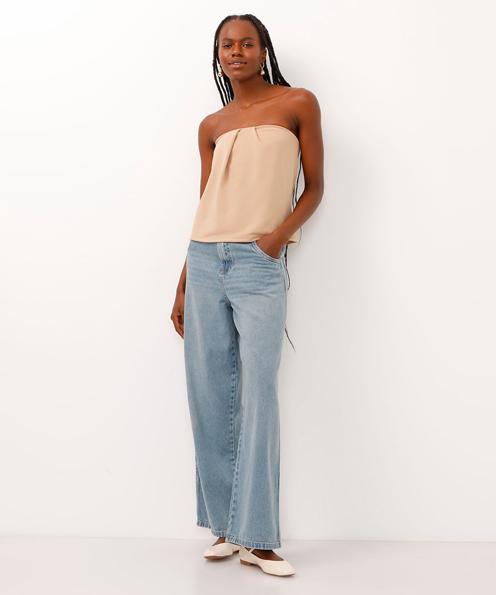 blusa sem alça com pregas bege
