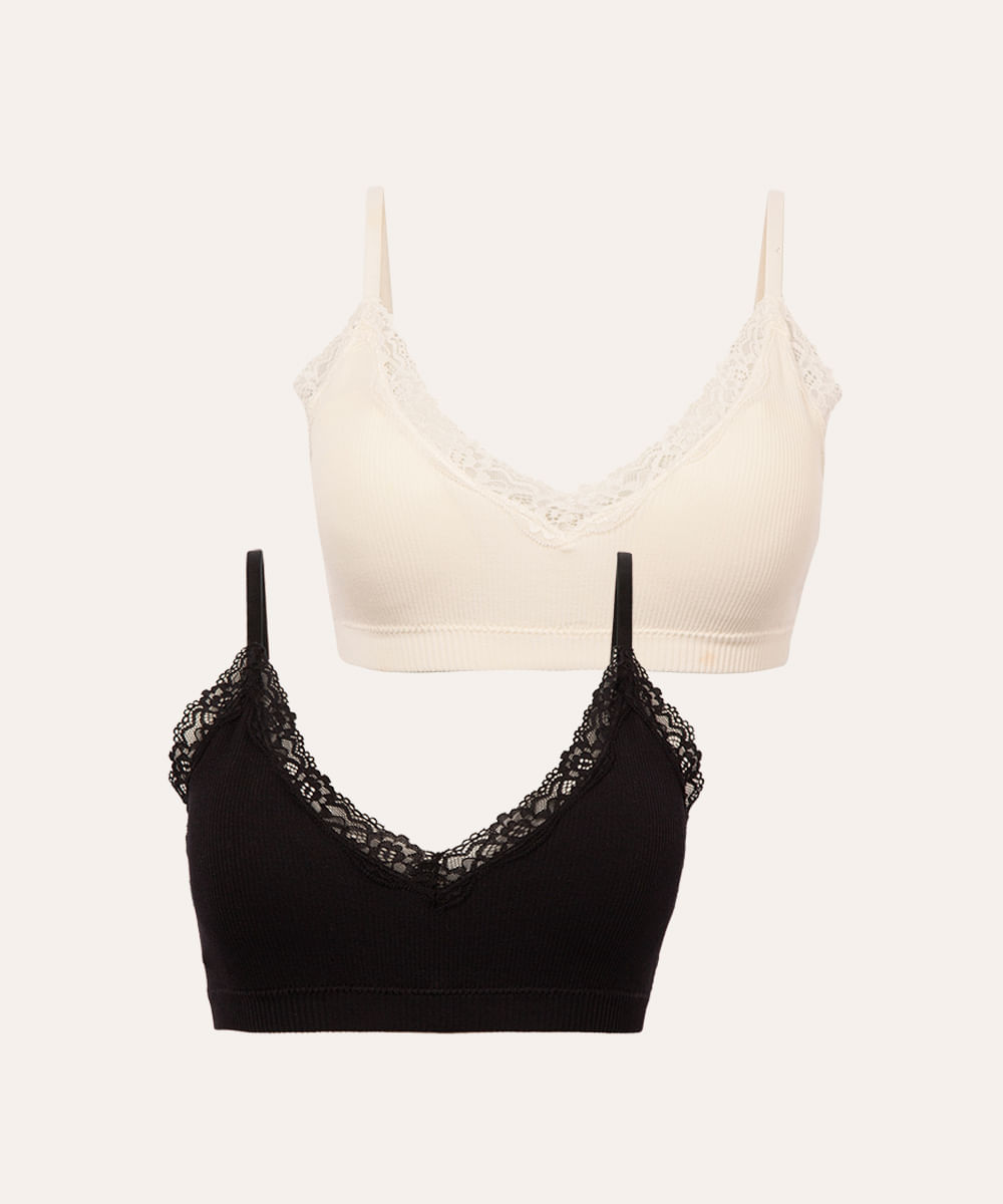 kit 2 sutiãs triângulo de microfibra com renda branco e preto
