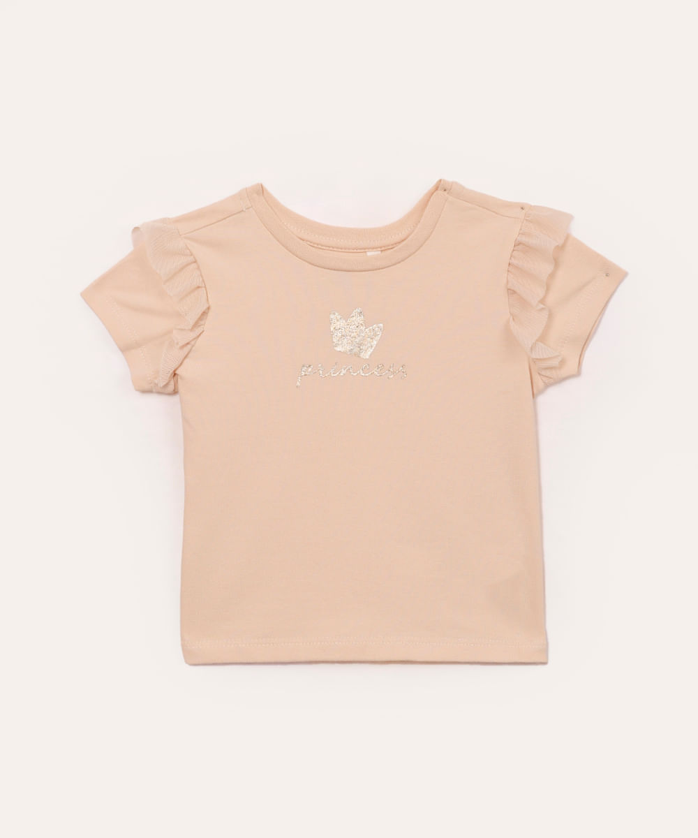 camiseta de algodão infantil com babados princess bege