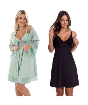 KIT Camisola Amamentação com Robe Pós Parto + Gestante Moda de Baixo V203 Verde/Preto