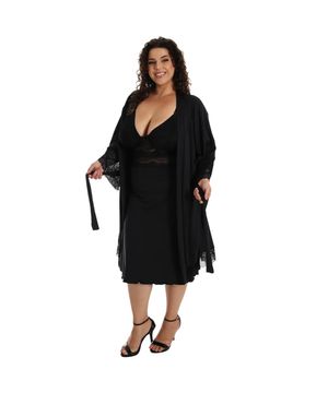 Camisola Amamentação Com Robe Plus Size Pijama Maternidade Confortável Moda de Baixo DRP202301 Preto