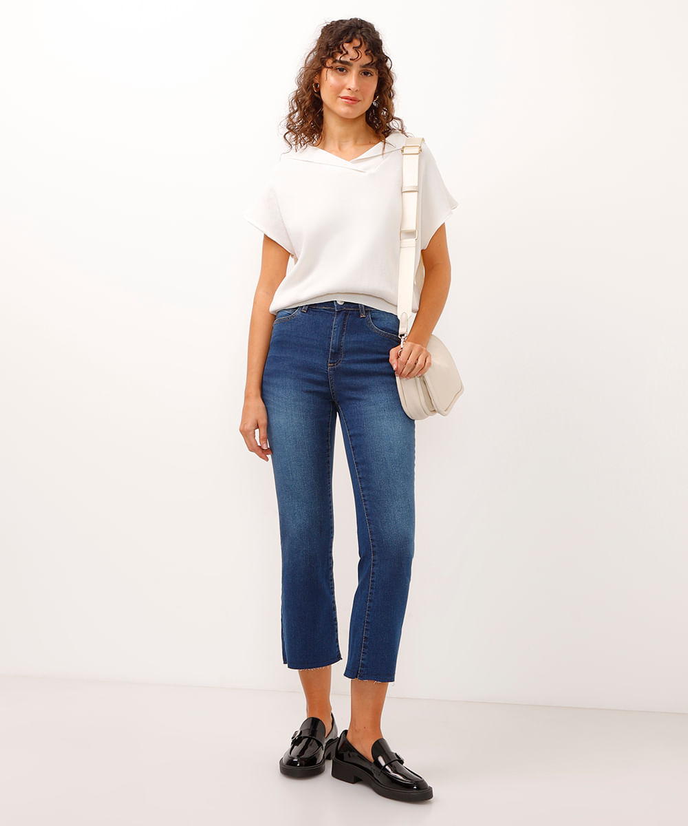calça jeans flare cropped cintura alta azul