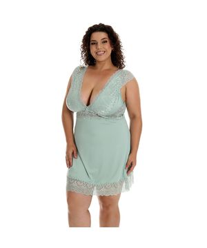 Camisola Plus Size Confortável Manguinha em Renda Microfibra Moda de Baixo DRP307 Verde