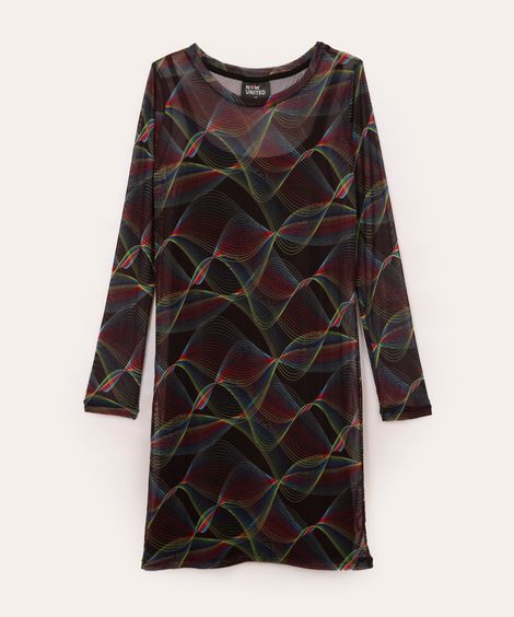 Vestido Juvenil Curto de Tule Estampado Ondas Now United Manga Longa Preto