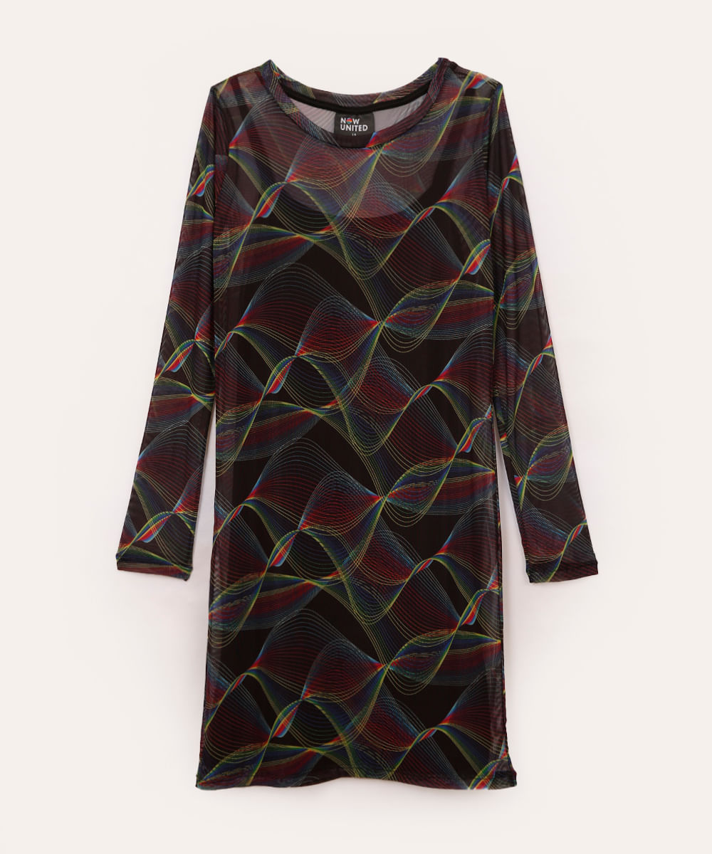 Vestido Juvenil Curto de Tule Estampado Ondas Now United Manga Longa Preto