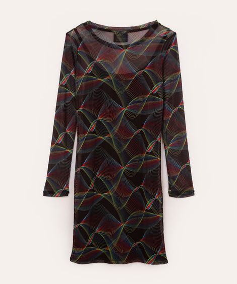 Vestido Juvenil Curto de Tule Estampado Ondas Now United Manga Longa Preto