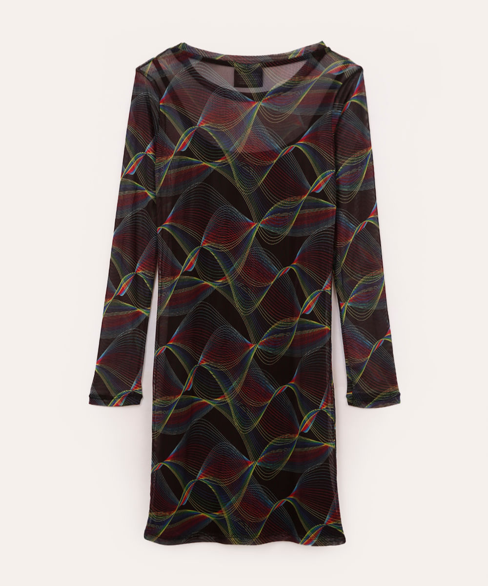 Vestido Juvenil Curto de Tule Estampado Ondas Now United Manga Longa Preto
