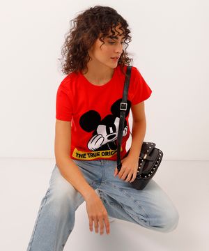 Camiseta de Algodão Mickey Flocada Manga Curta Decote Redondo Vermelha