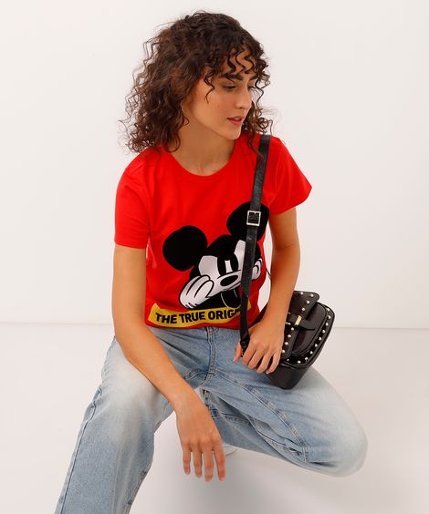 Camiseta de Algodão Mickey Flocada Manga Curta Decote Redondo Vermelha