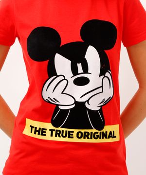 Camiseta de Algodão Mickey Flocada Manga Curta Decote Redondo Vermelha