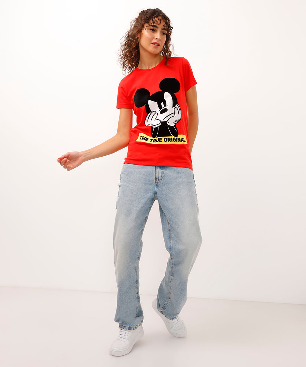 Camiseta de Algodão Mickey Flocada Manga Curta Decote Redondo Vermelha