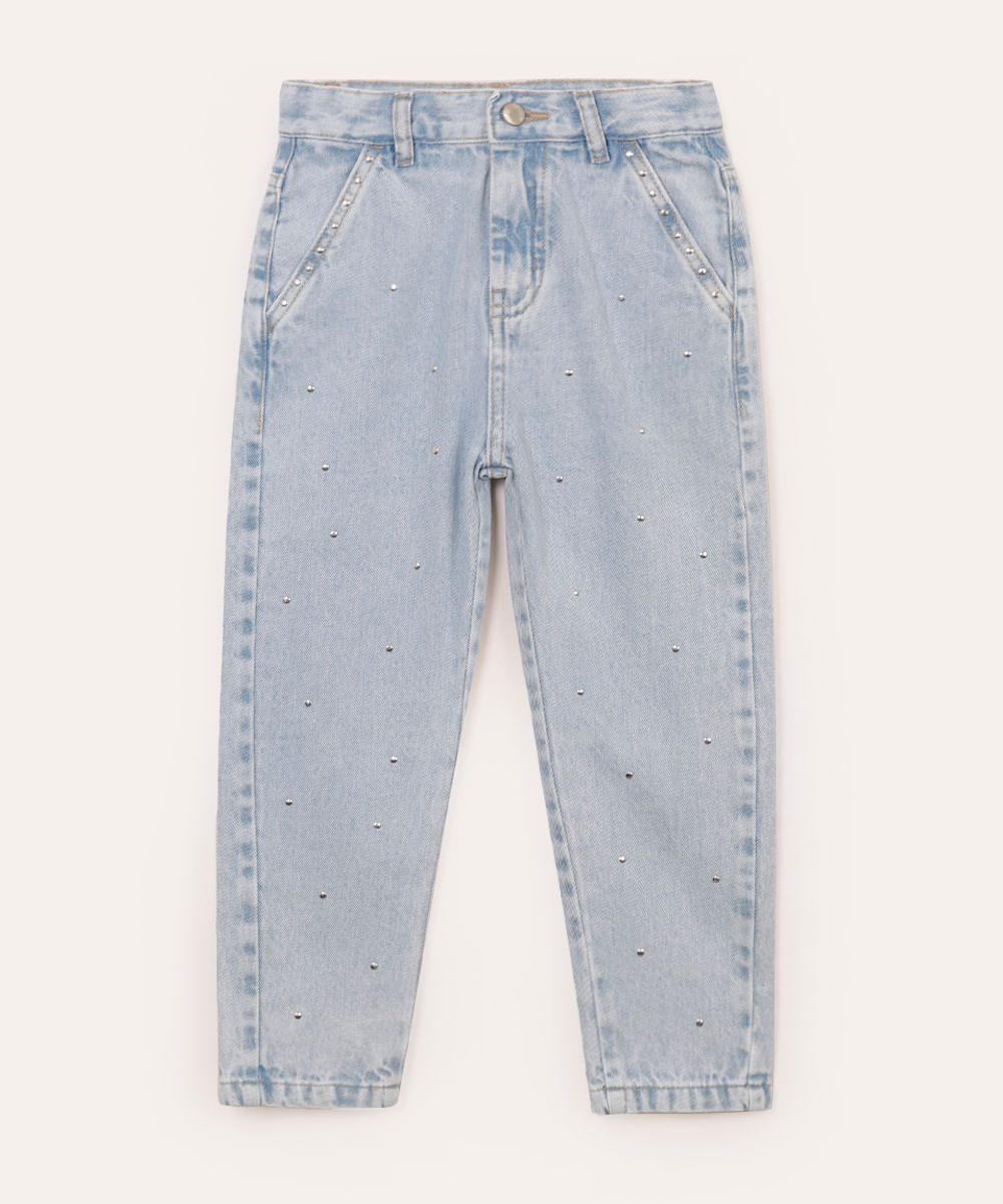 calça jeans mom infantil com tachas azul