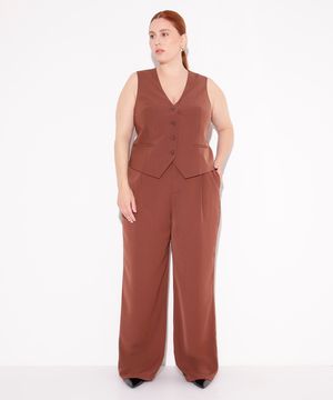 calça wide leg de alfaiataria plus size mindset marrom