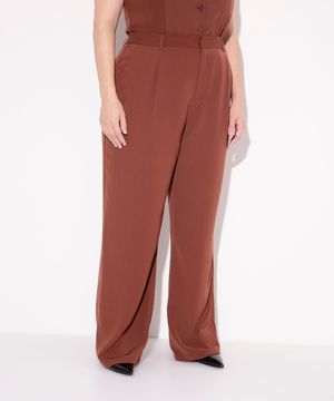 calça wide leg de alfaiataria plus size mindset marrom