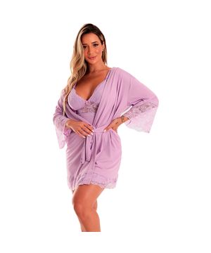 Kit Baby Doll Amamentação Gestante Grávida + Robe Feminino Preto Moda de Baixo V140 Lavanda