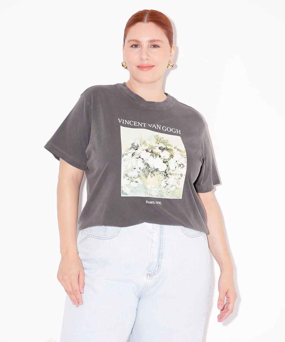 camiseta de algodão vicent van gogh plus size mindset chumbo
