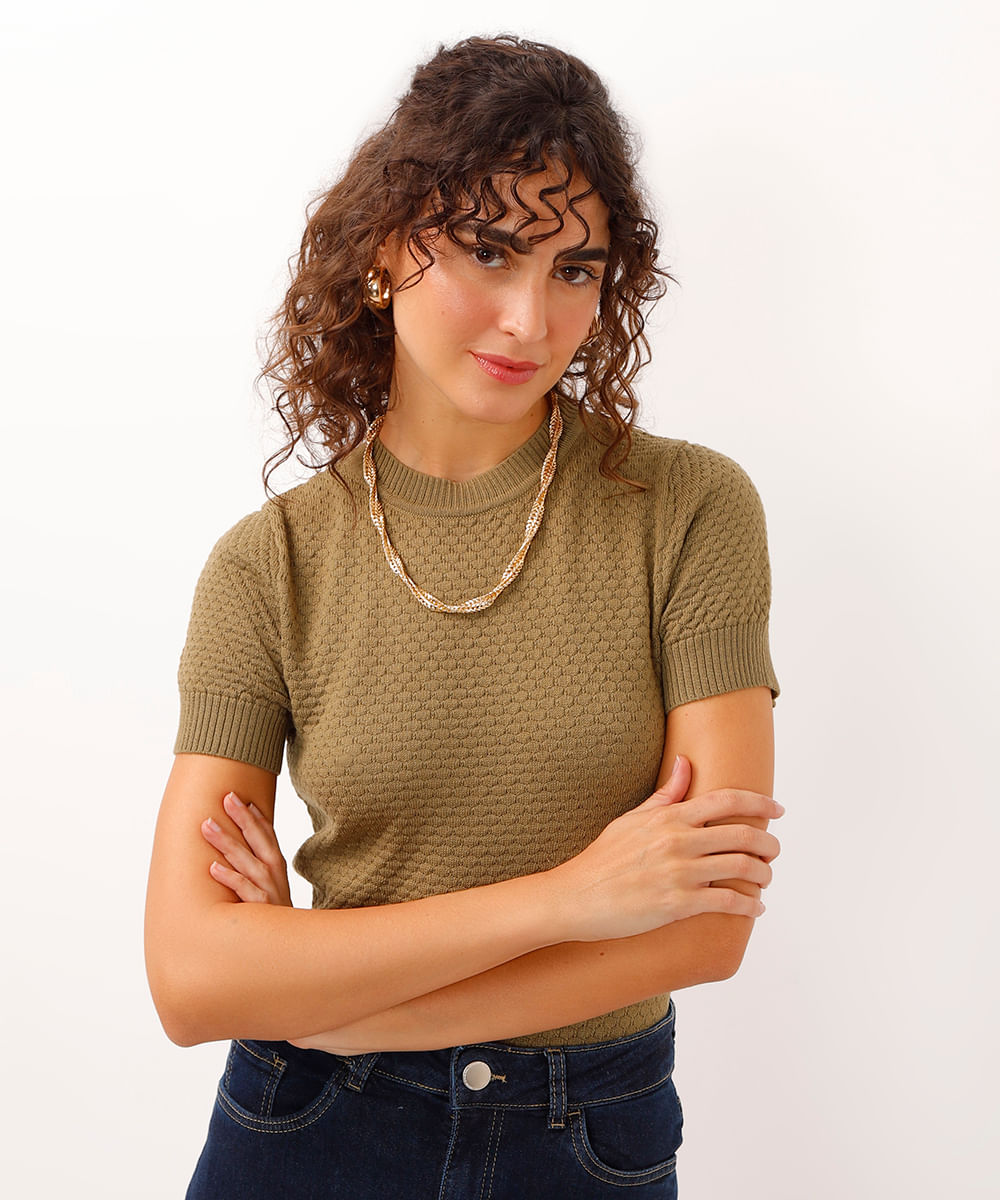 blusa de tricot manga curta texturizada verde