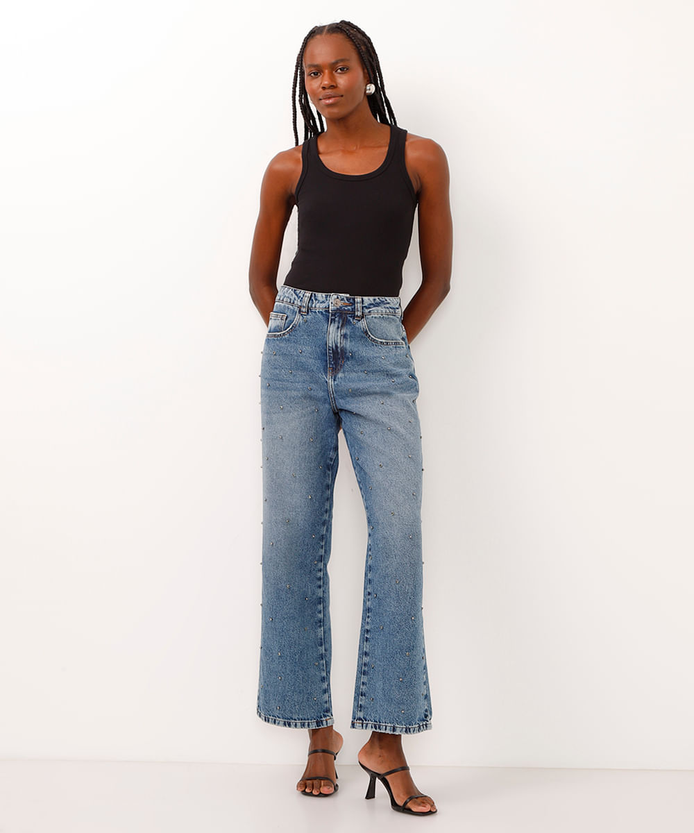 calça wide leg jeans cintura super alta com brilhos azul