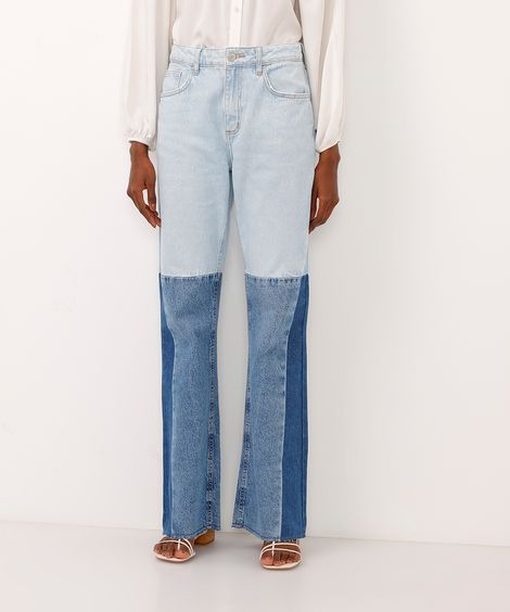 calça flare jeans cintura alta patchwork azul