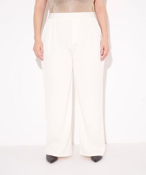 calça wide leg de alfaiataria com pregas plus size mindset off white