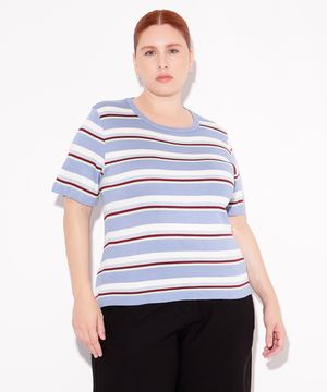 blusa de tricot listrado plus size mindset azul