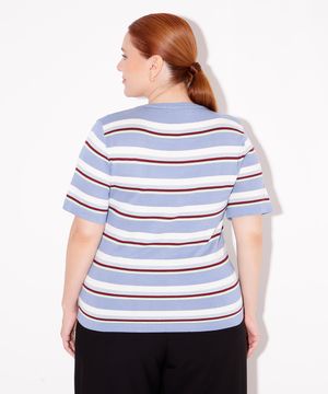 blusa de tricot listrado plus size mindset azul