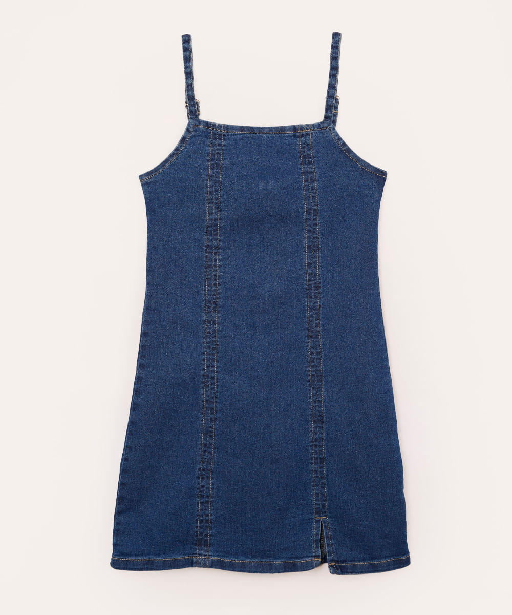 vestido curto jeans com fenda juvenil azul