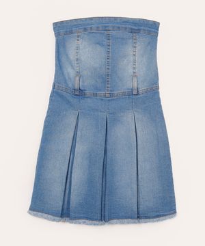 vestido evasê jeans com saia plissada juvenil azul