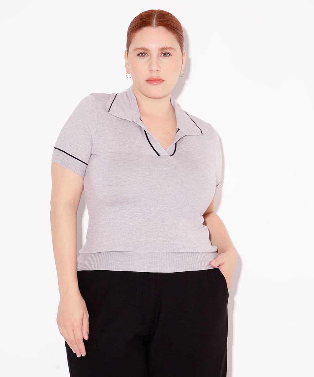 blusa polo de tricot manga curta plus size mindset cinza