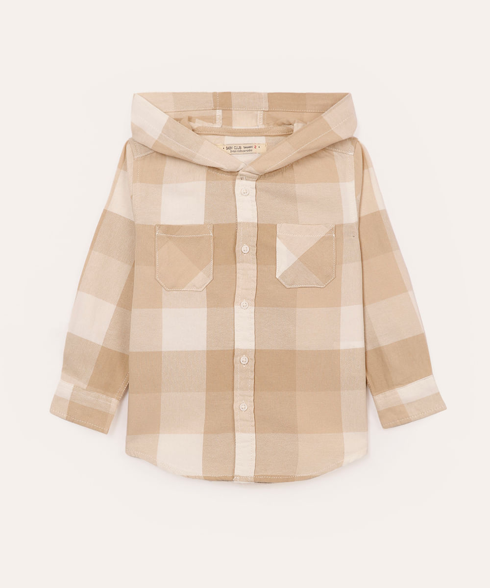 camisa de flanela com capuz infantil xadrez bege