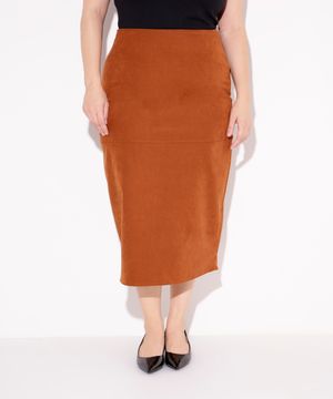 saia midi de suede plus size mindset marrom