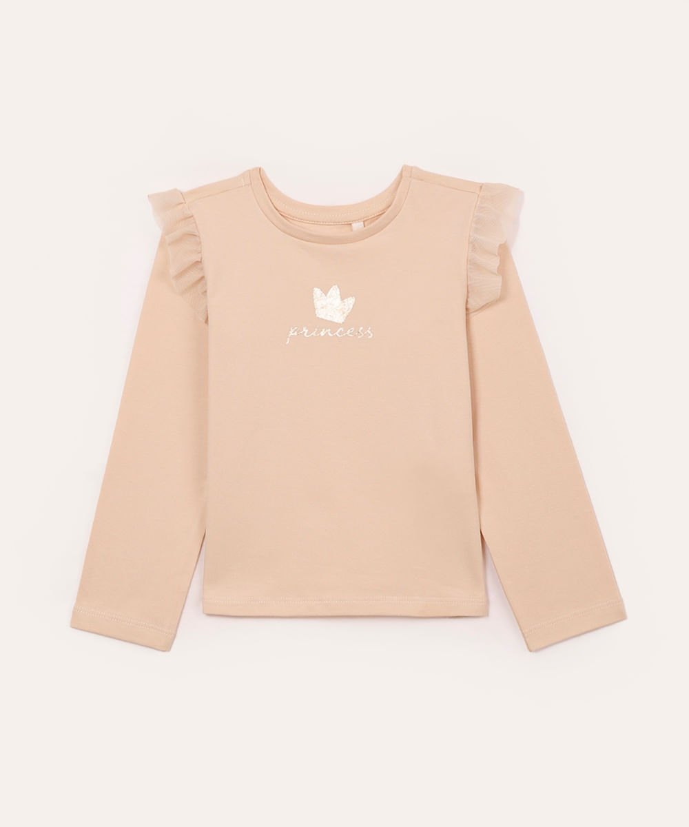 camiseta de algodão infantil manga longa princess bege