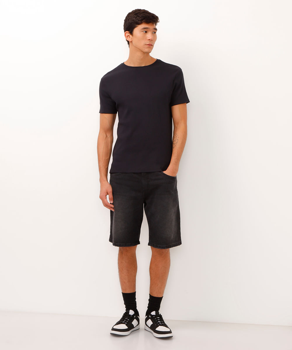 camiseta de algodão manga curta texturizada preta