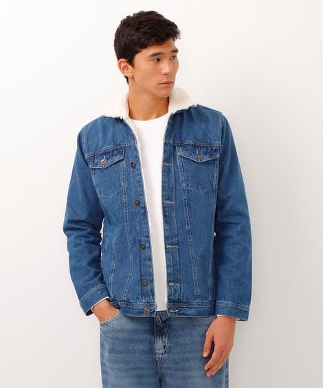 jaqueta jeans gola sherpa azul