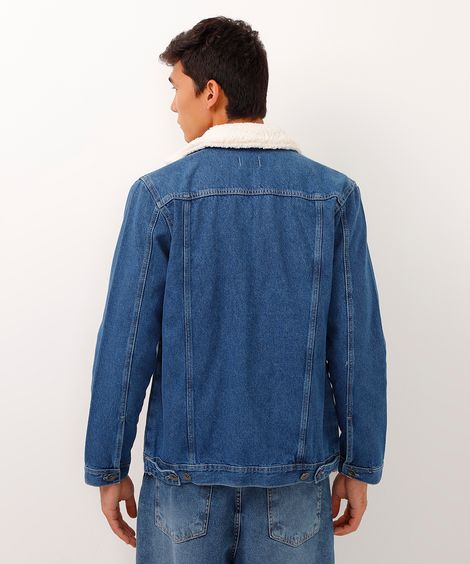 jaqueta jeans gola sherpa azul