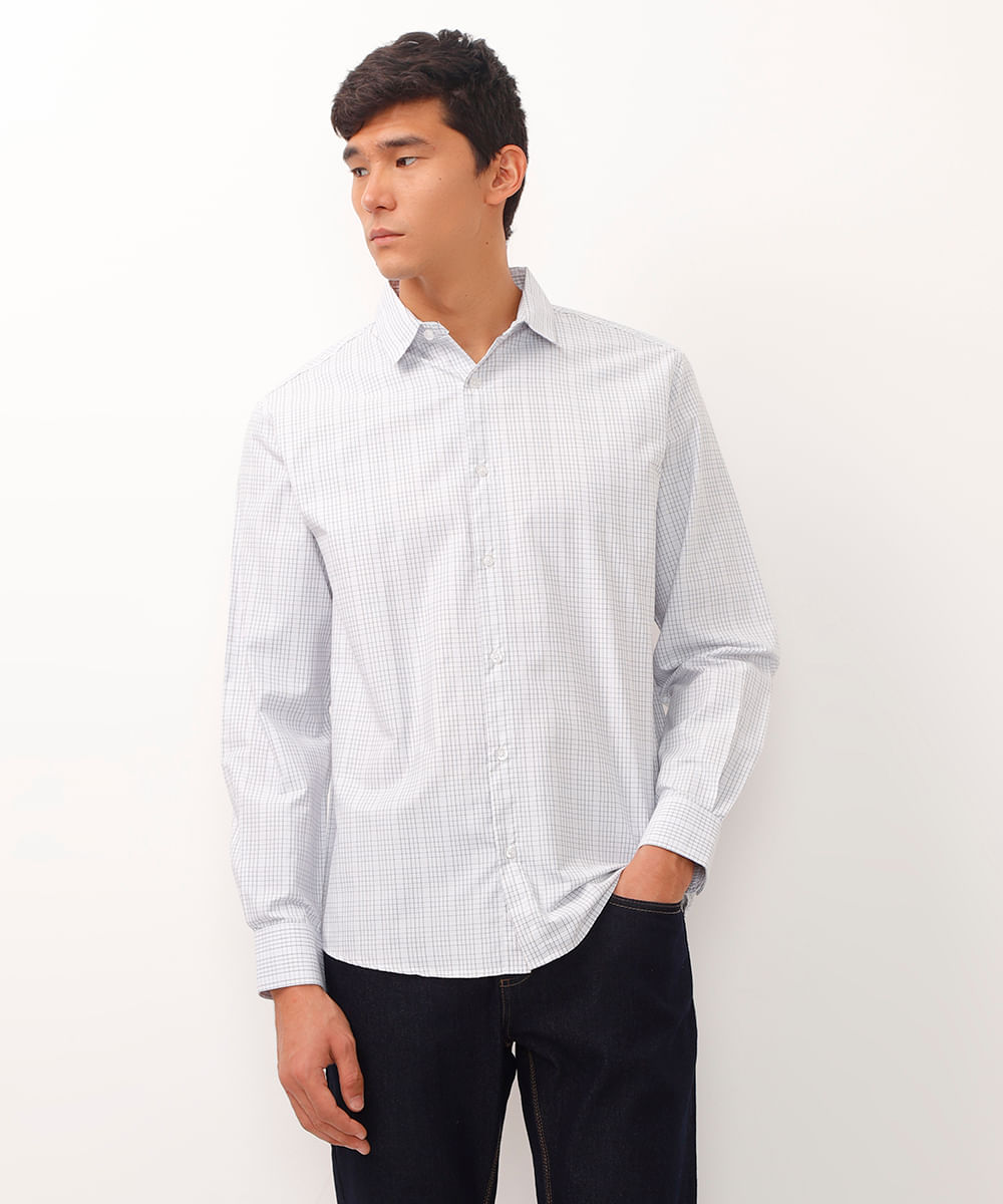 camisa comfort manga longa xadrez branca