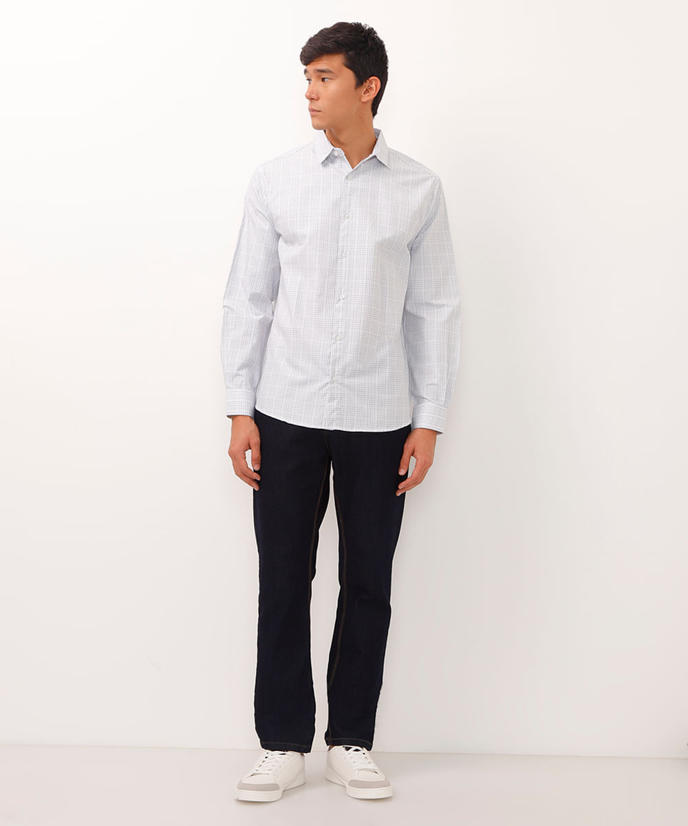 camisa comfort manga longa xadrez branca