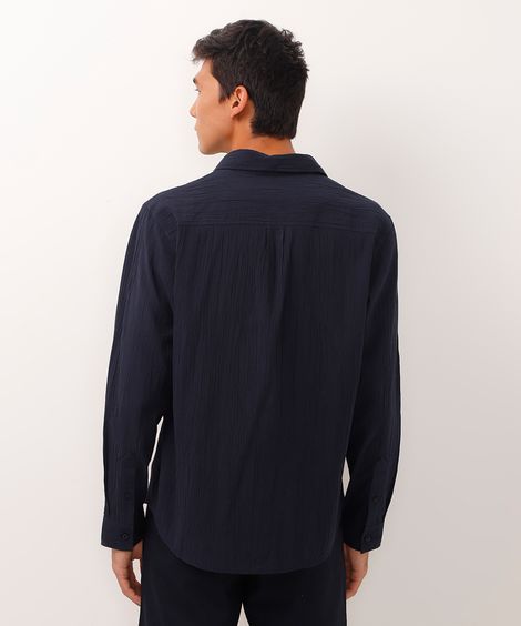 camisa texturizada comfort manga longa azul marinho