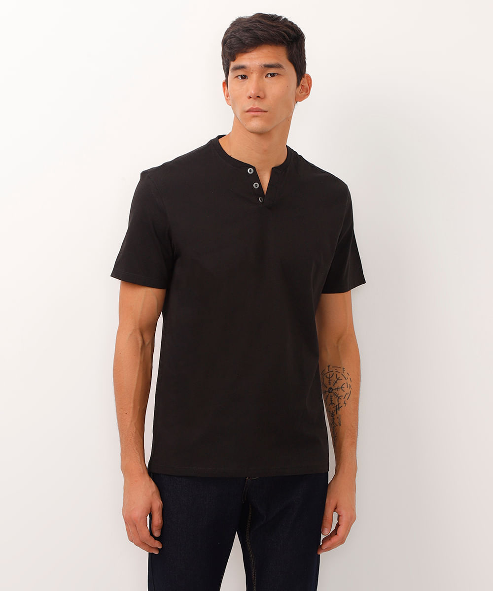 camiseta básica manga curta gola portuguesa - preto