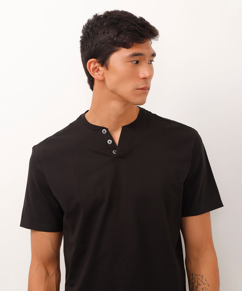 camiseta básica manga curta gola portuguesa - preto