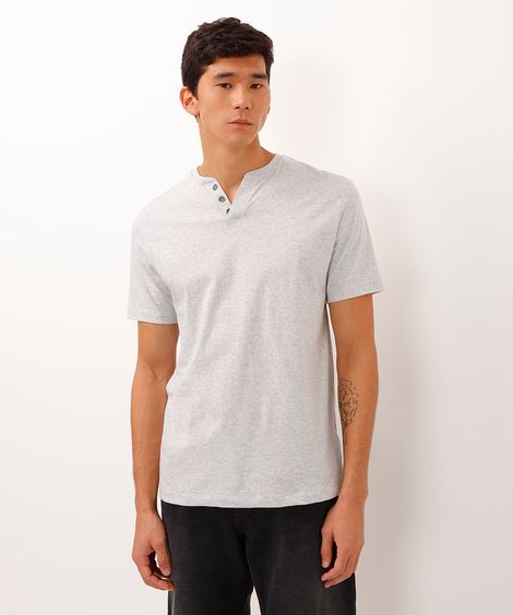 camiseta básica manga curta gola portuguesa - off white mescla