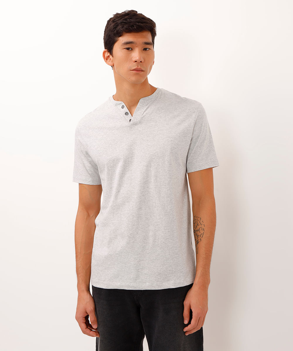 camiseta básica manga curta gola portuguesa - off white mescla