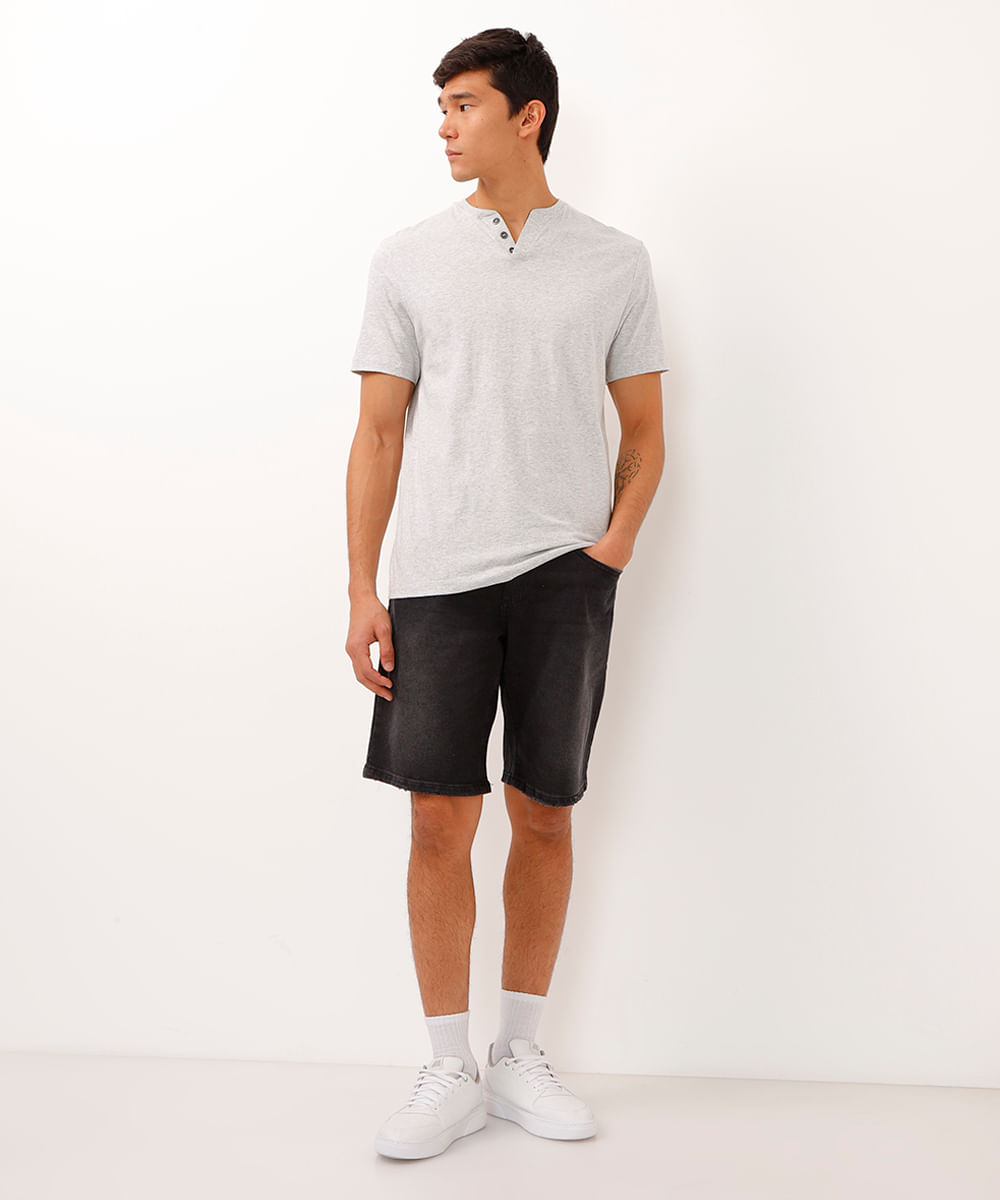 camiseta básica manga curta gola portuguesa - off white mescla