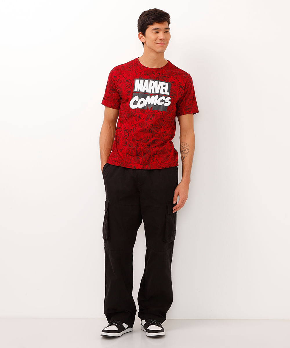 Camiseta Masculina Marvel Manga Curta Gola Careca Vermelha