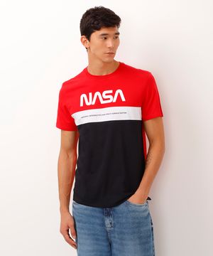 Camiseta Masculina NASA Manga Curta Gola Careca Preta