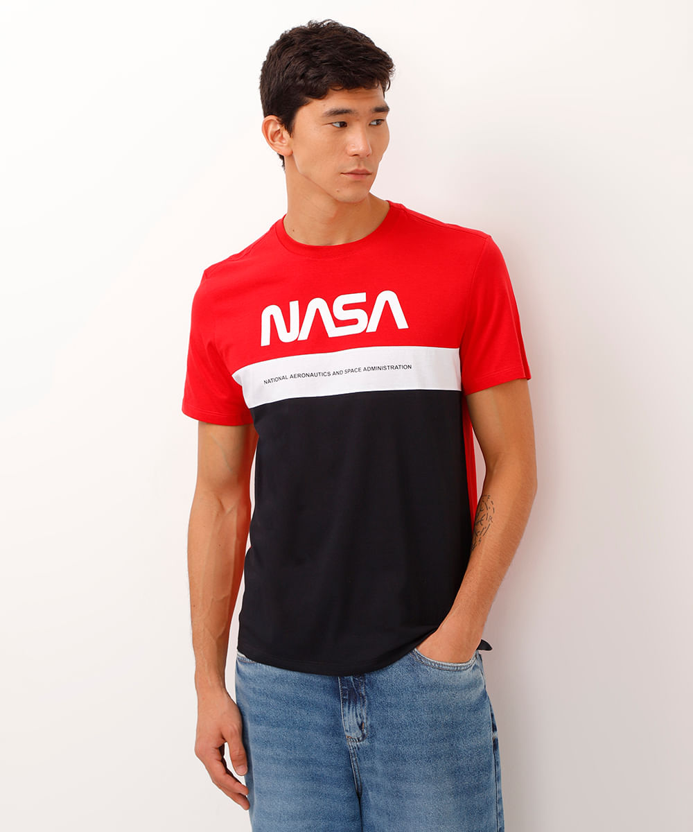 Camiseta Masculina NASA Manga Curta Gola Careca Preta