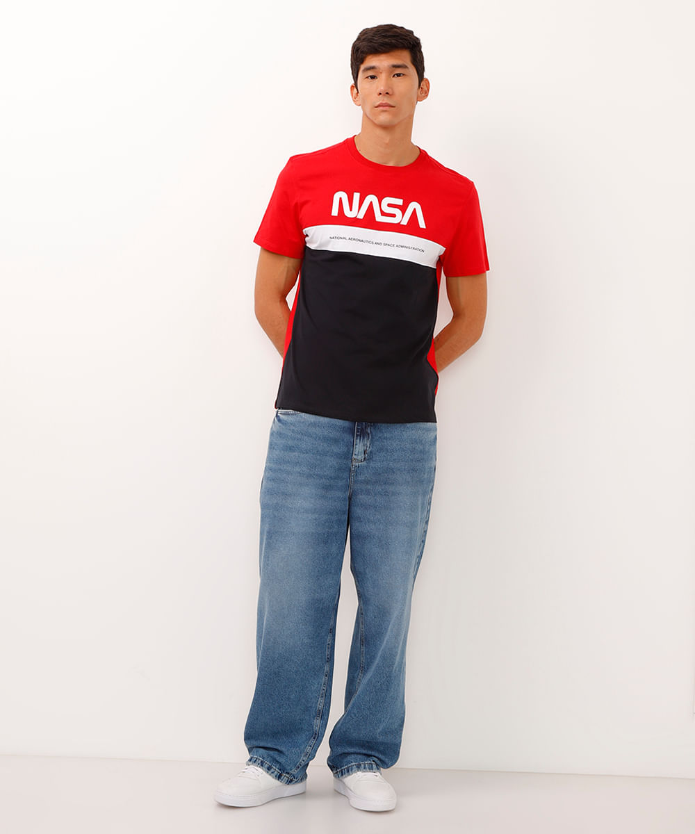 Camiseta Masculina NASA Manga Curta Gola Careca Preta