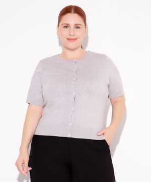 cardigan de tricot manga curta plus size mindset cinza